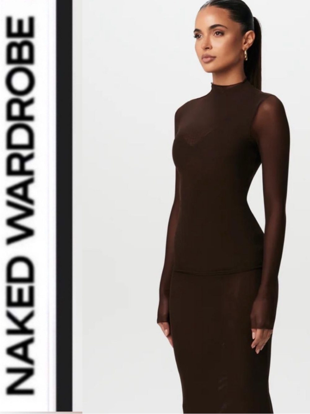Naked Wardrobe 🤎 Chocolate Brown Sheer Mock Neck Long-Sleeve maxi dress